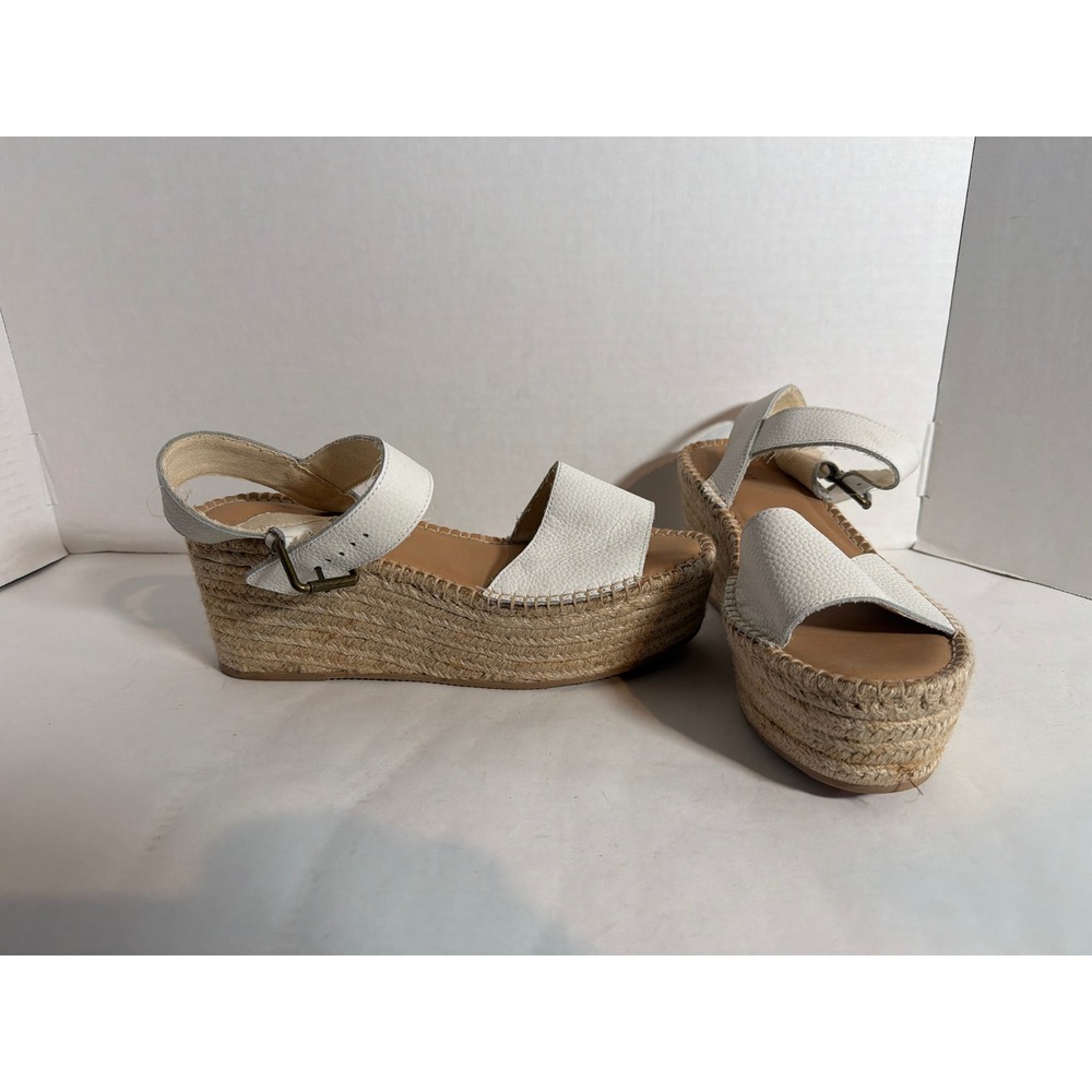 Soludos White Pebbled Leather Espadrille Platform Wedge Sandals Buckle 9.5